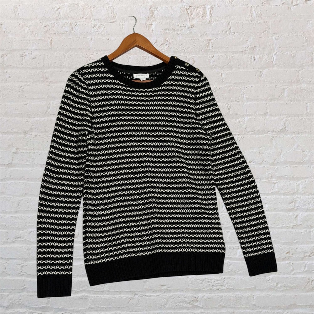Charter Club Womens Small Black White Striped Button Shoulder Crewneck Sweater